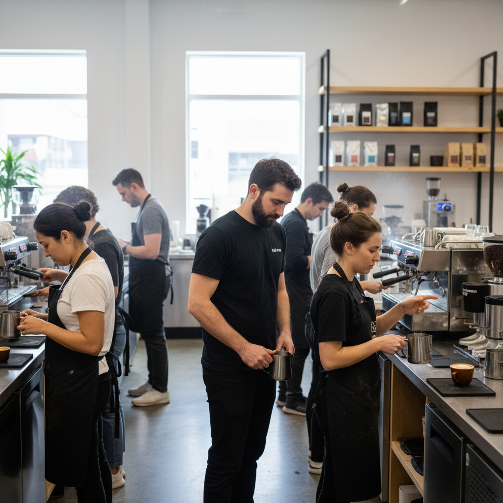 Participants practicing espresso and milk steaming during a barista workshop.
