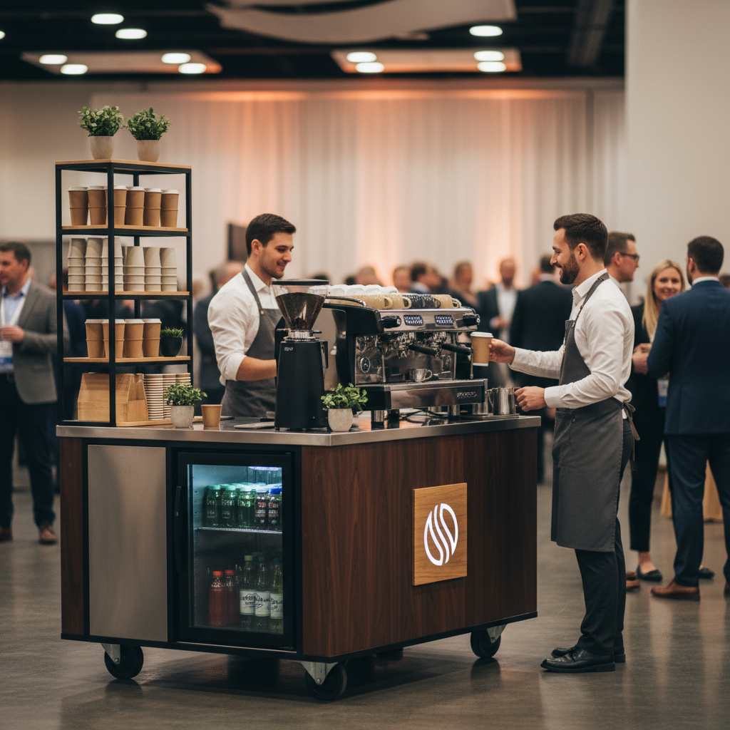 Mobile coffee catering setup with barista serving guests at an event.