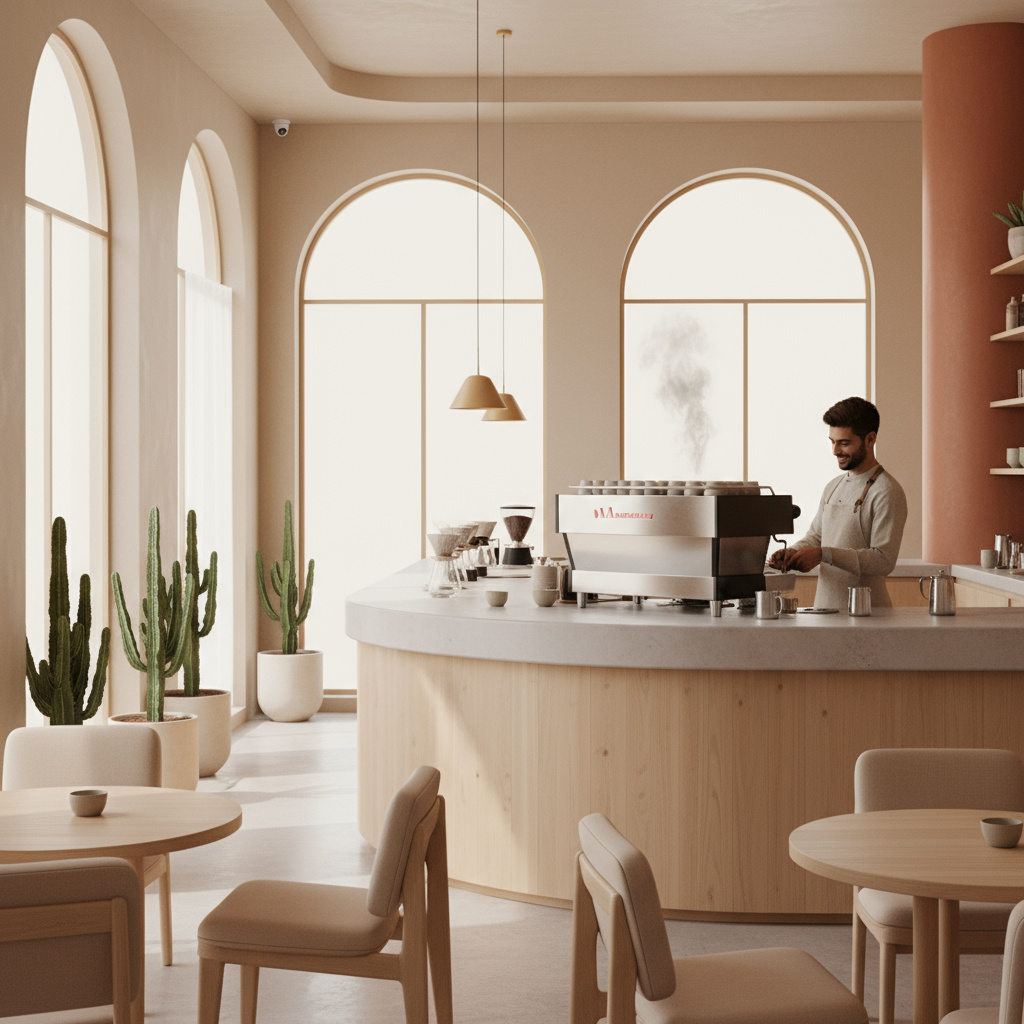 Novento Coffee Roasters Doha espresso bar interior with barista preparing espresso.