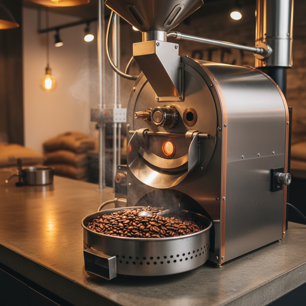 Small-batch coffee roaster with freshly roasted beans cooling in a tray.