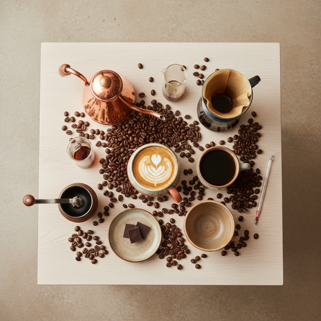 Selection of specialty coffee cups, beans, and brewing tools.